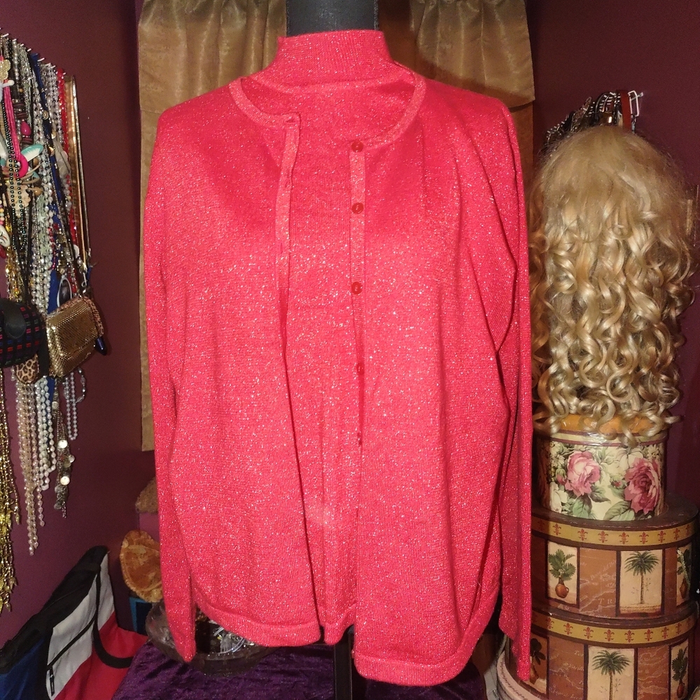 Liz Claiborne 2 Piece Red Sparkly Sweater Set Petite M